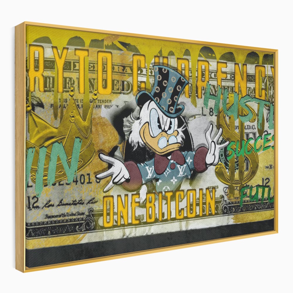 Tablou canvas cu tablou canvas cu donald duck si bitcoin, in rama de aluminiu auriu